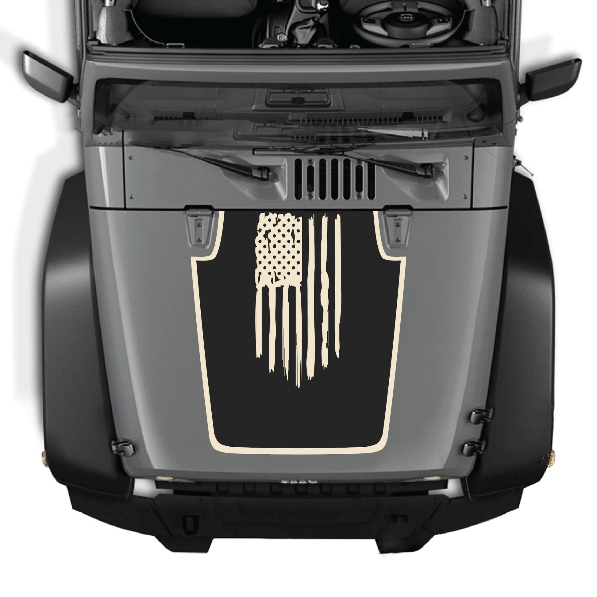Jeep Wrangler JK hood decal featuring an American flag with border, made of premium vinyl by CarCode