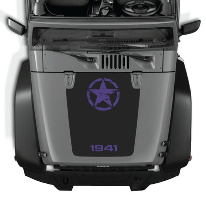 Jeep Wrangler JK hood decal with 1941 star graphic in black premium vinyl, designed for 2007-2018 models.