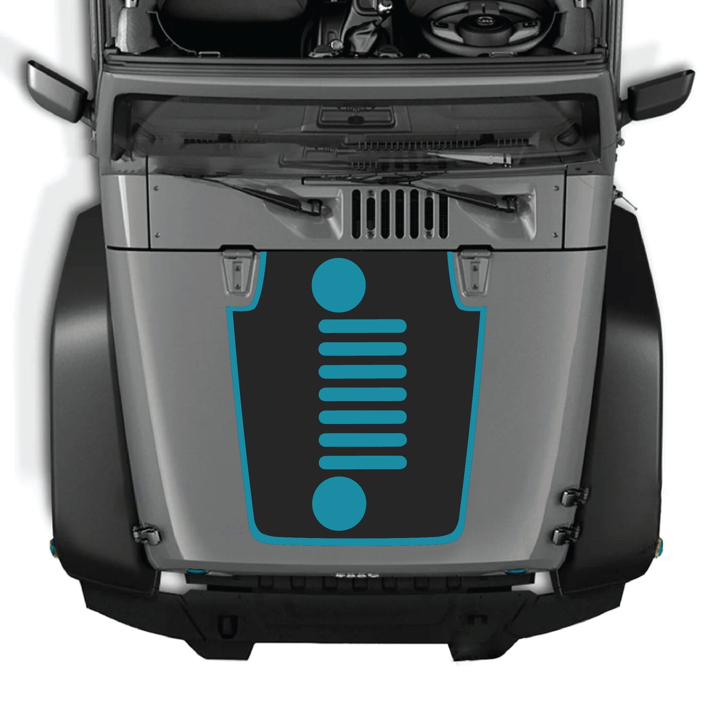 Vertical grill hood decal sticker for Jeep Wrangler JK with border graphic, made of premium vinyl by CarCode.