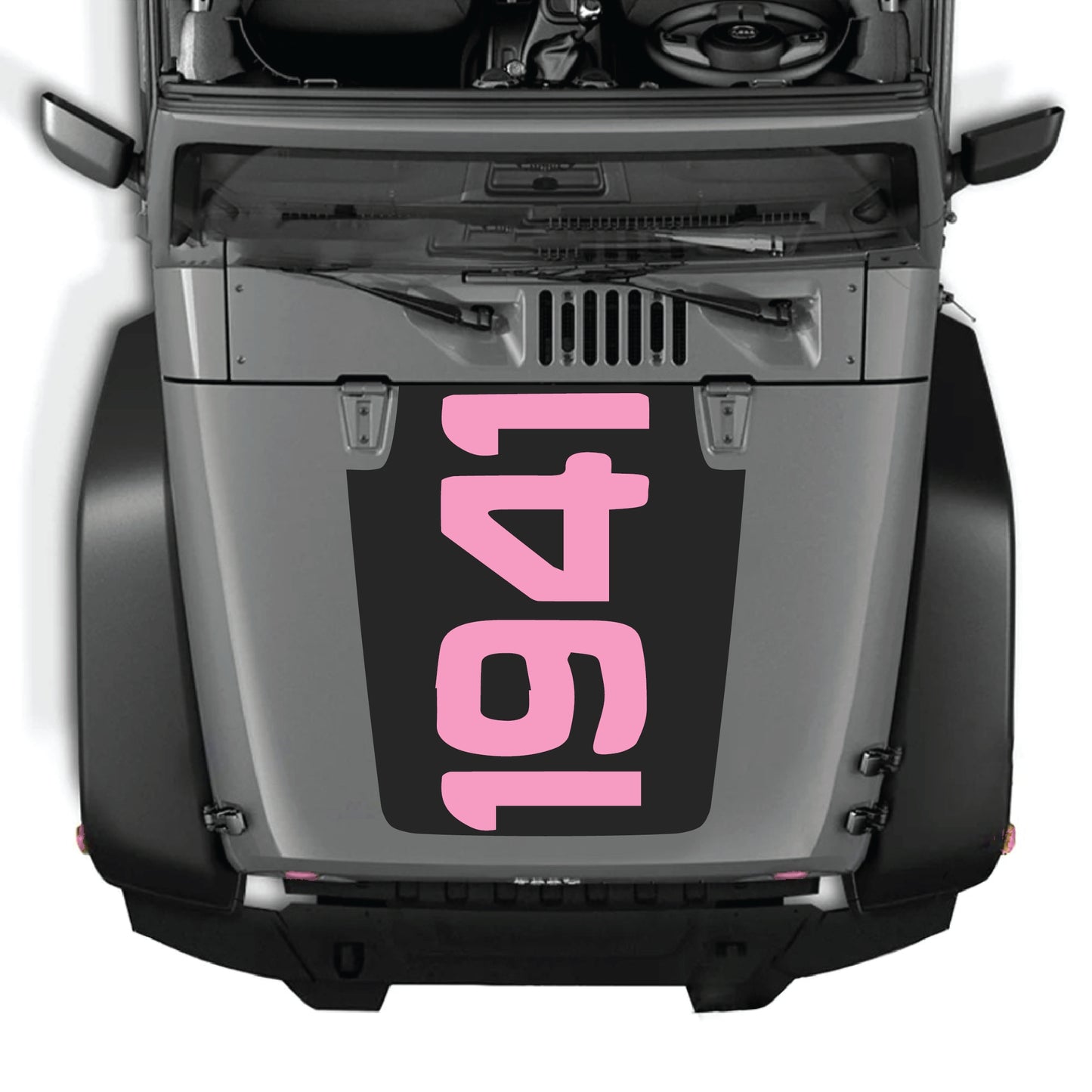Jeep Wrangler JK JKU hood decal graphic kit by CarCode, featuring 1941 design in premium vinyl on a vehicle hood.