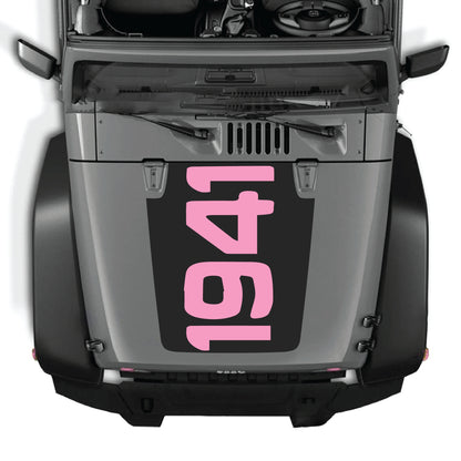 Jeep Wrangler JK JKU hood decal graphic kit by CarCode, featuring 1941 design in premium vinyl on a vehicle hood.