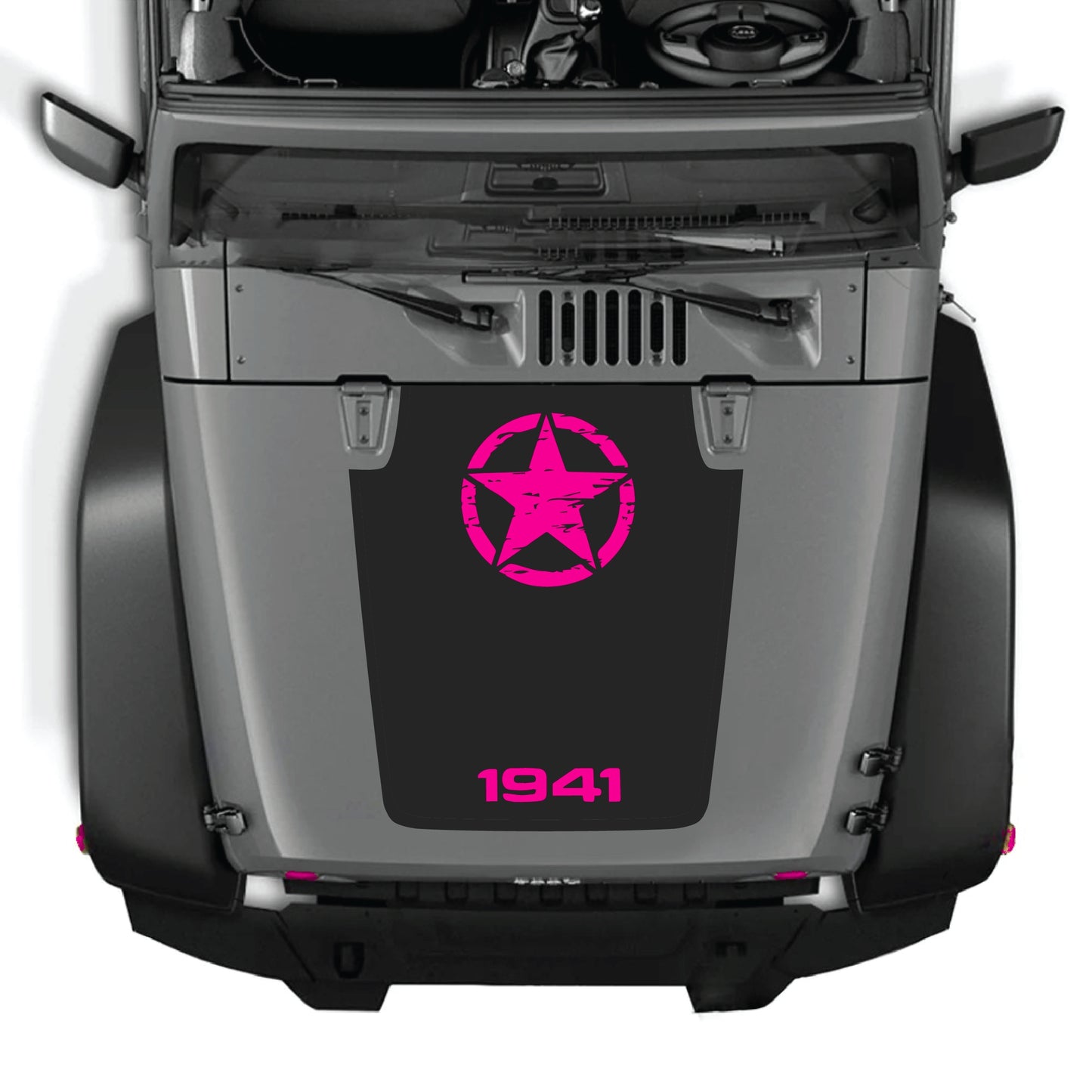 Jeep Wrangler JK JKU hood decal with 1941 star graphic from CarCode, made of premium vinyl for a bold custom look.