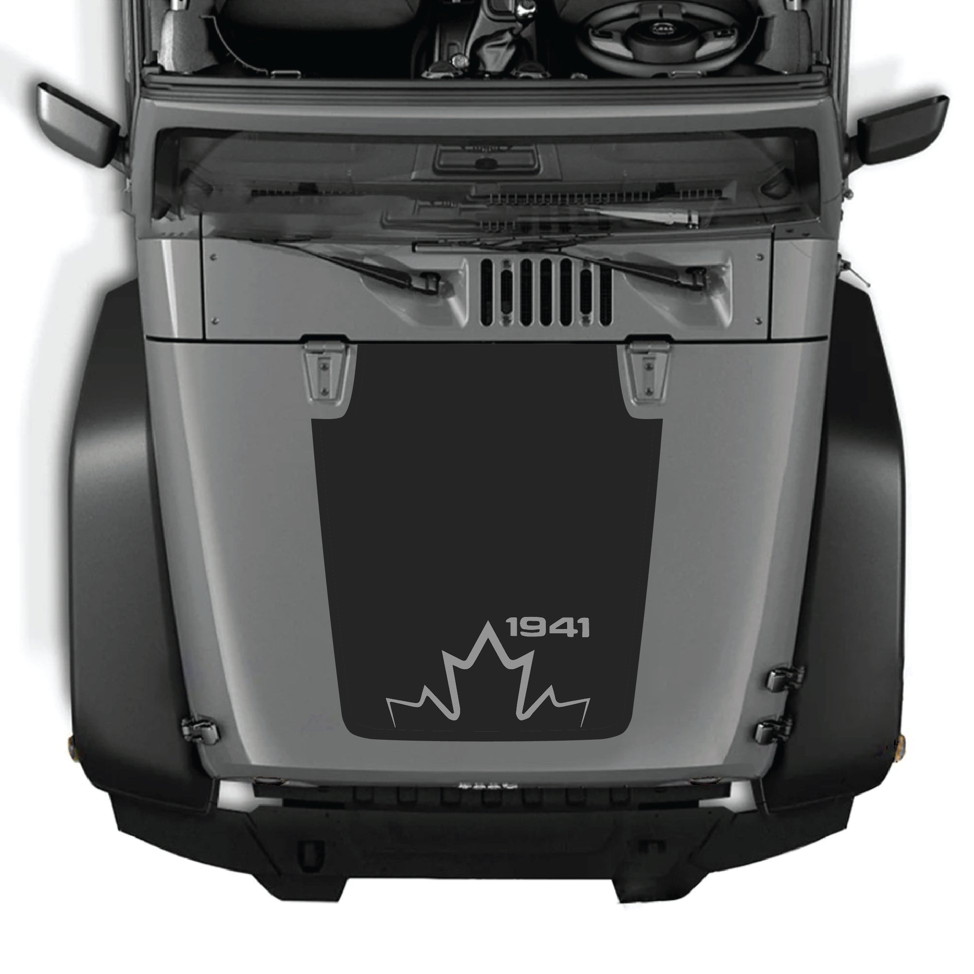 Canada 1941 hood panel decal on a Jeep Wrangler JK JKU 2007-2018, made of premium vinyl with bold graphic design.