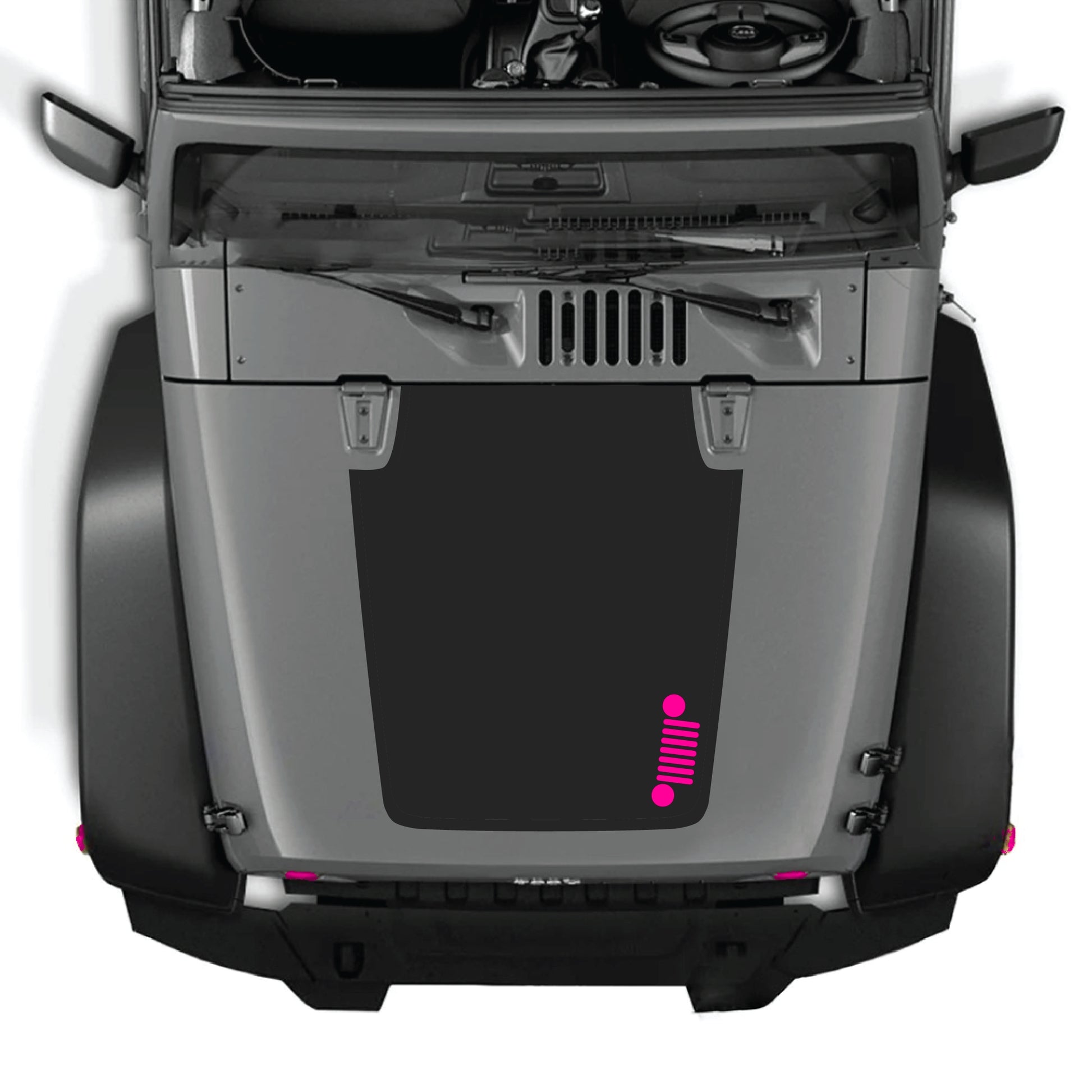 Right side Jeep Wrangler JK JKU hood decal graphic kit by CarCode, made of premium vinyl, featuring bold design on the grill hood panel.