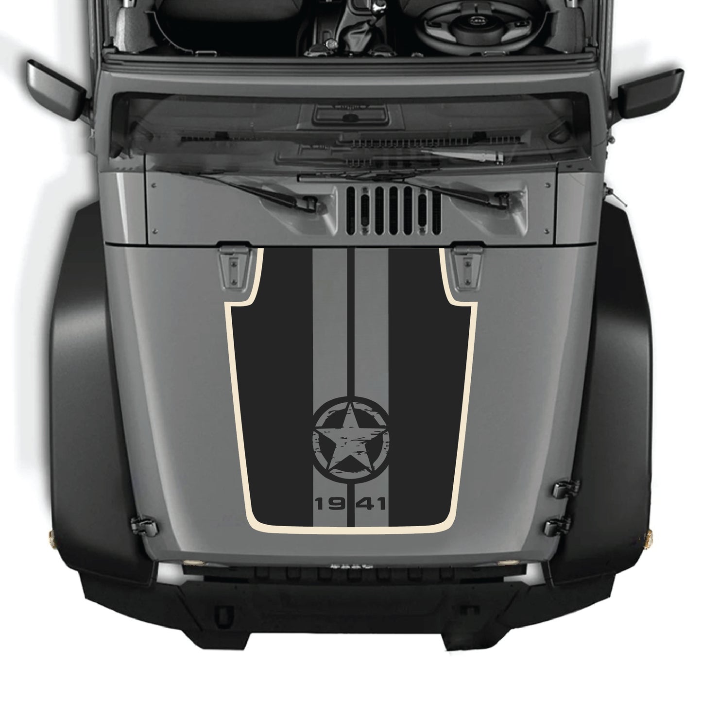 alt
Calcomanía para el capó del Jeep Wrangler JK con diseño de estrella y rayas en vinilo blanco y negro de CarCode para modelos 2007-2018.