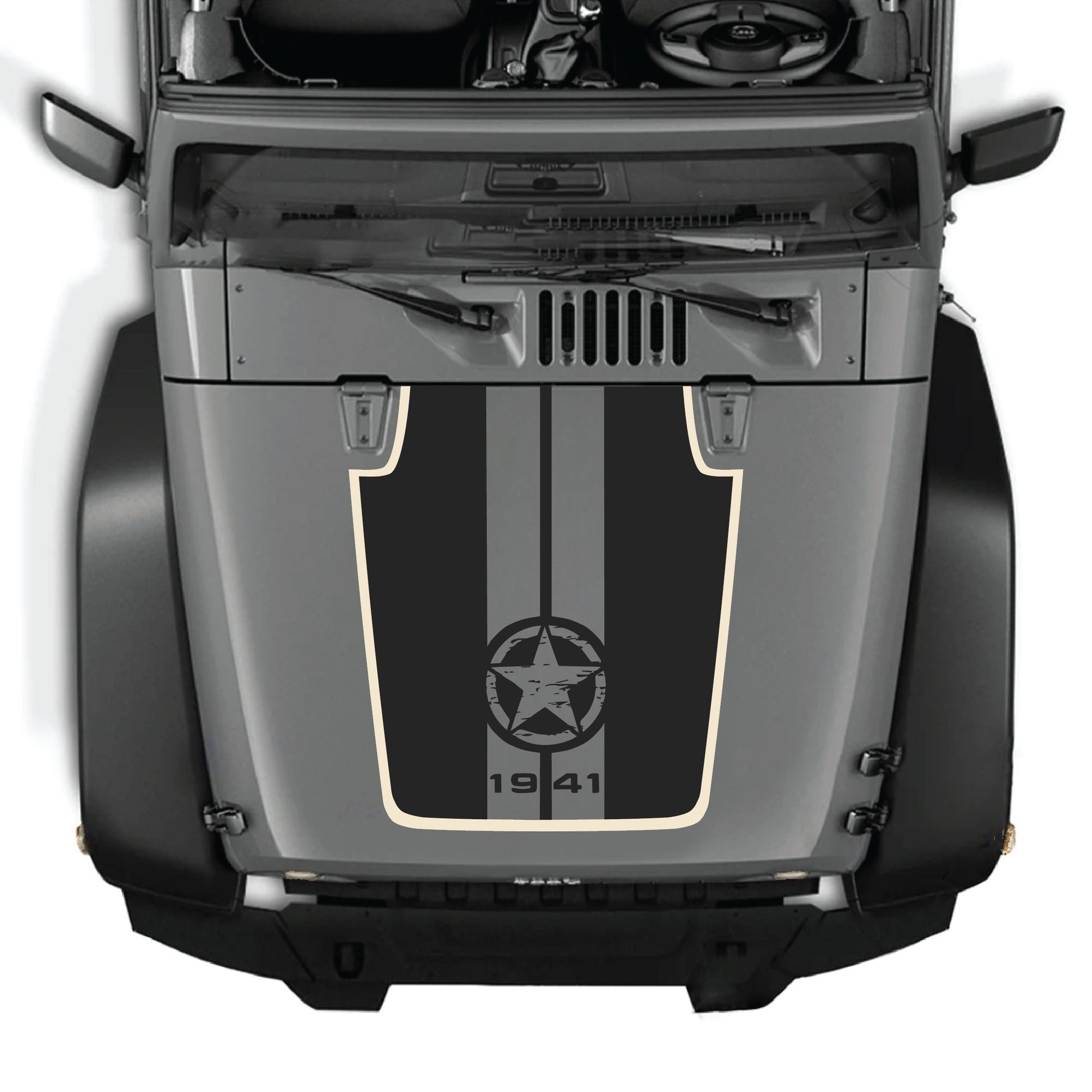 alt
Calcomanía para el capó del Jeep Wrangler JK con diseño de estrella y rayas en vinilo blanco y negro de CarCode para modelos 2007-2018.