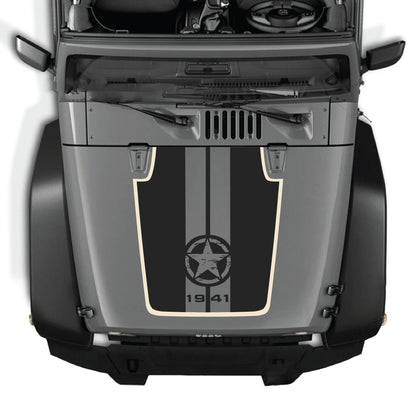 alt
Calcomanía para el capó del Jeep Wrangler JK con diseño de estrella y rayas en vinilo blanco y negro de CarCode para modelos 2007-2018.