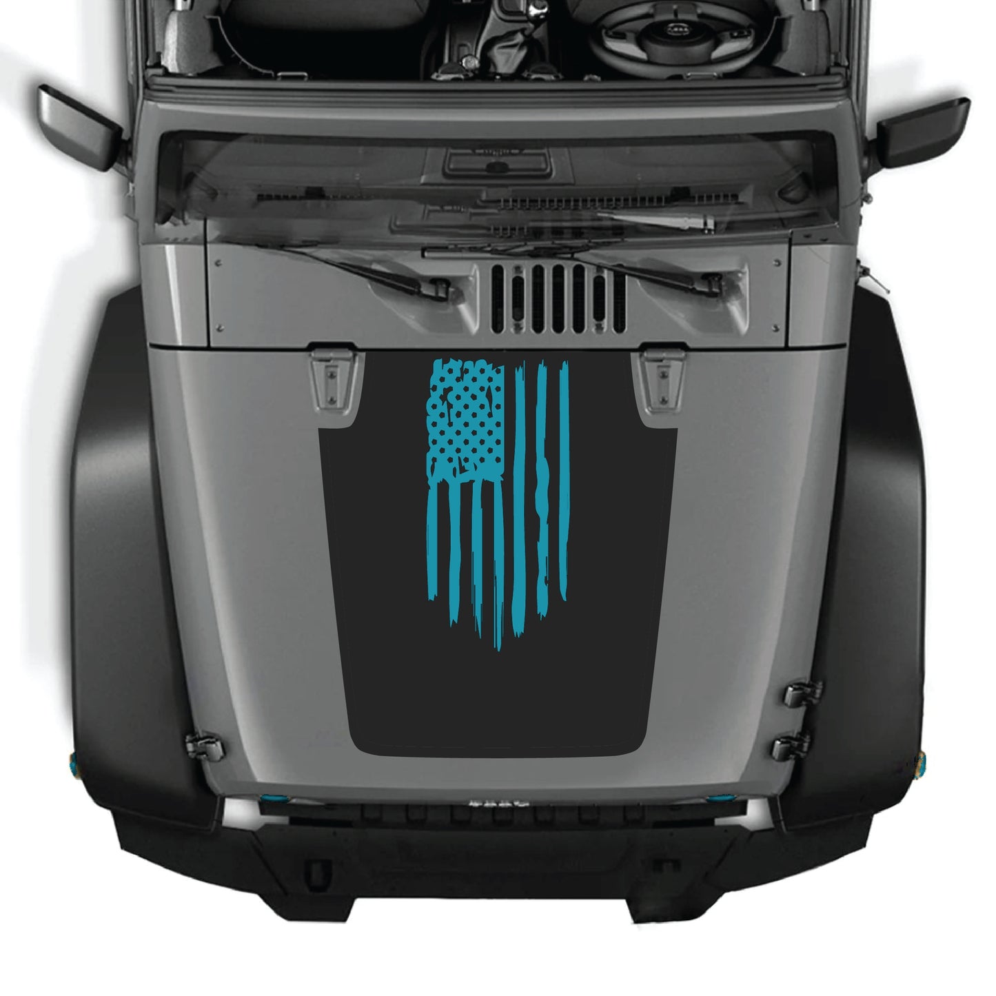 Jeep Wrangler JK hood decal featuring an American flag graphic, made of premium vinyl by CarCode.