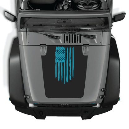 Jeep Wrangler JK hood decal featuring an American flag graphic, made of premium vinyl by CarCode.