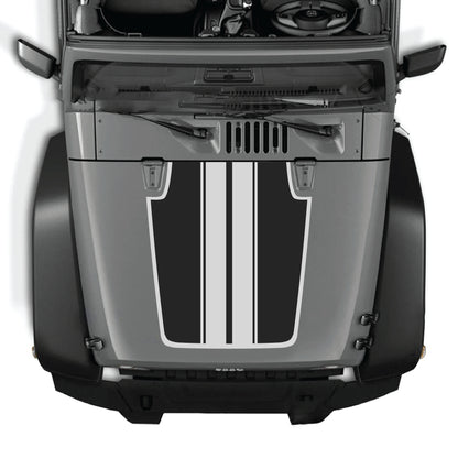 Jeep Wrangler JK hood decal with black and white stripe design and border graphic, made from premium vinyl by CarCode.