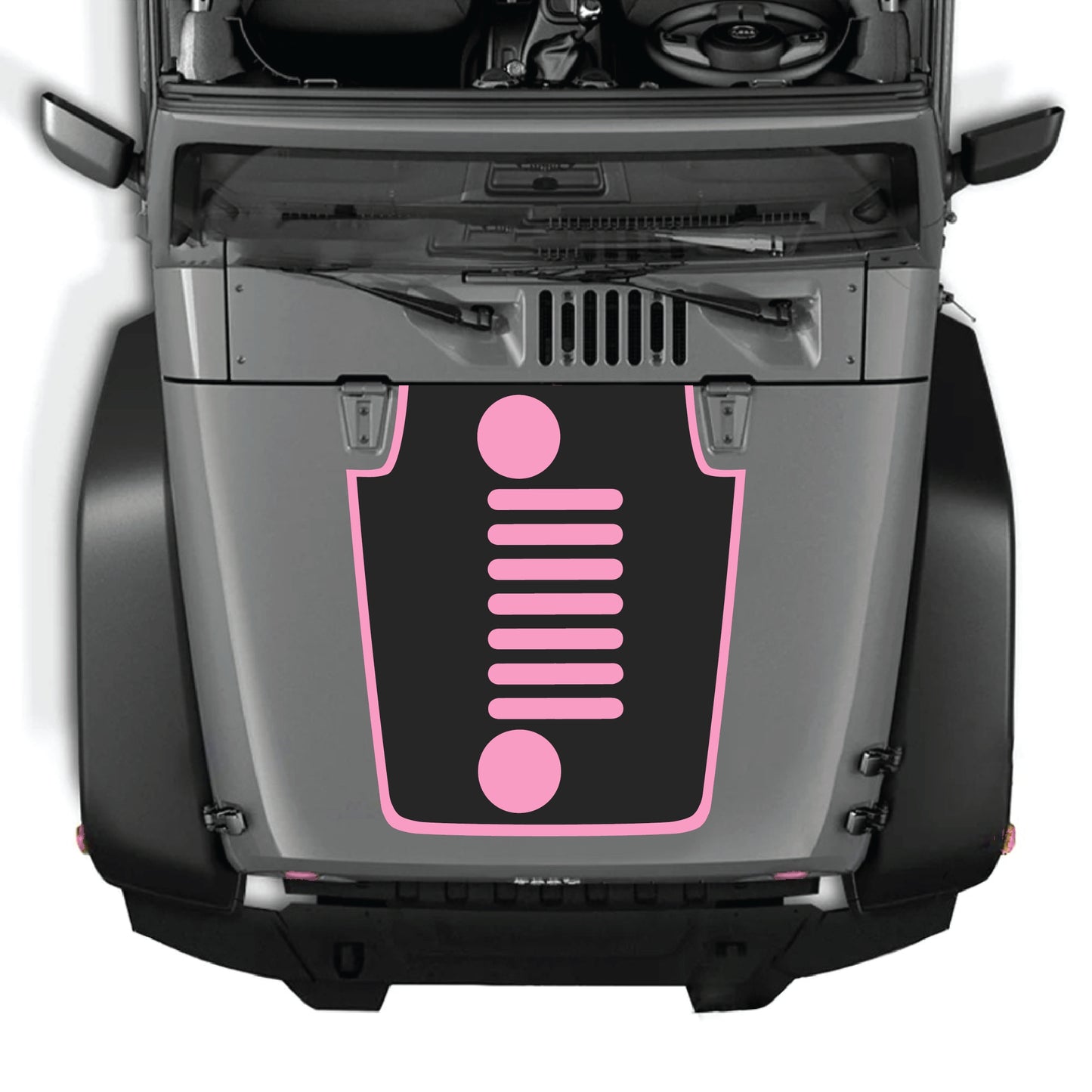 Vertical grill hood decal with border graphic kit on a Jeep Wrangler JK JKU, featuring black premium vinyl design.
