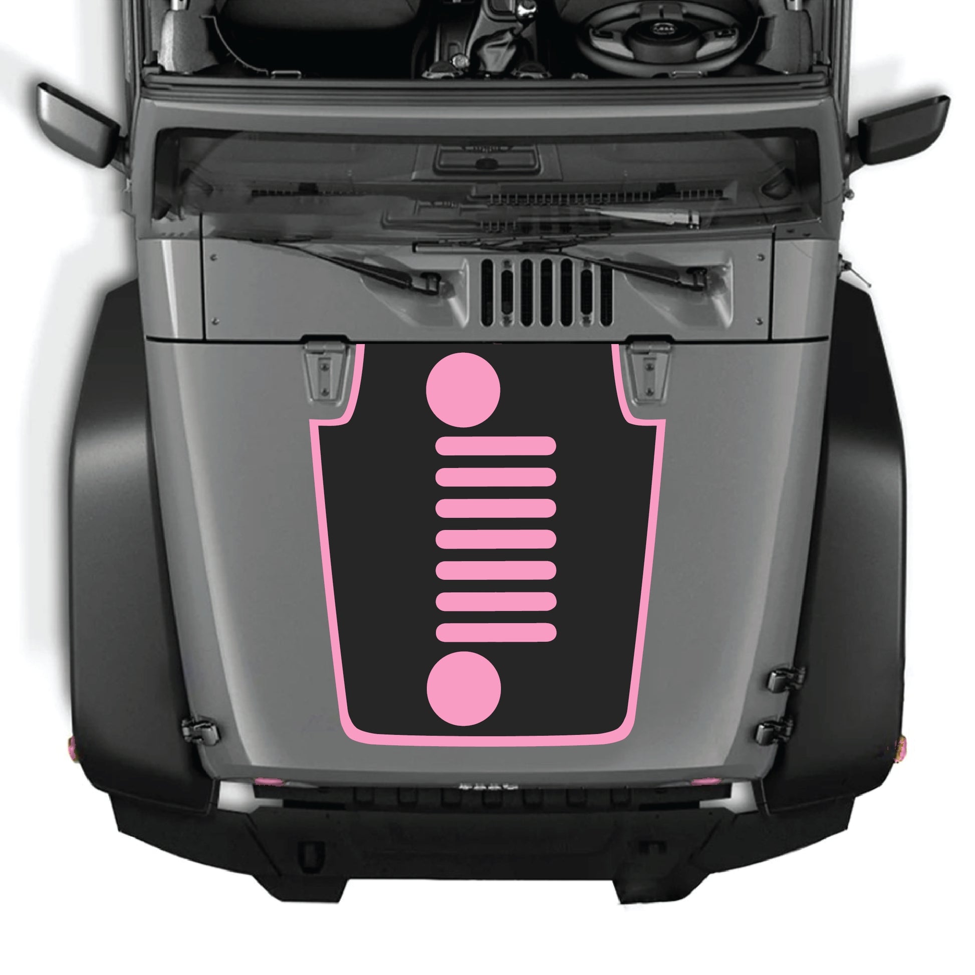 Vertical grill hood decal with border graphic kit on a Jeep Wrangler JK JKU, featuring black premium vinyl design.