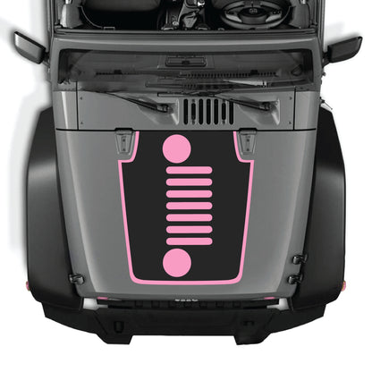 Vertical grill hood decal with border graphic kit on a Jeep Wrangler JK JKU, featuring black premium vinyl design.