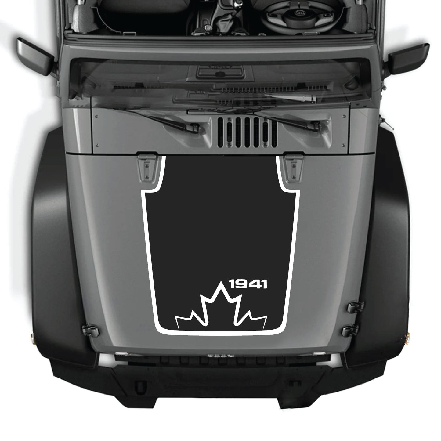 Canada 1941 hood decal with border graphic kit on a Jeep Wrangler JK JKU, made of premium vinyl by CarCode.