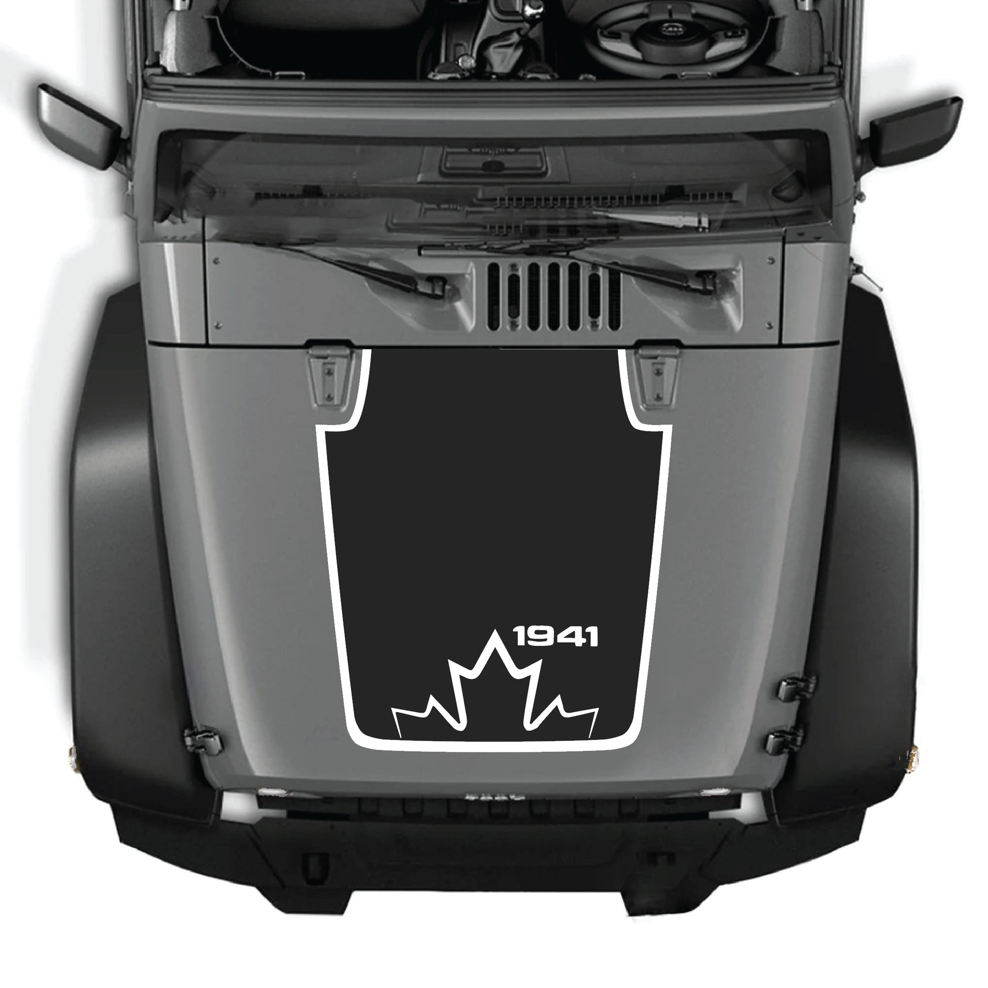 Canada 1941 hood decal with border graphic kit on a Jeep Wrangler JK JKU, made of premium vinyl by CarCode.