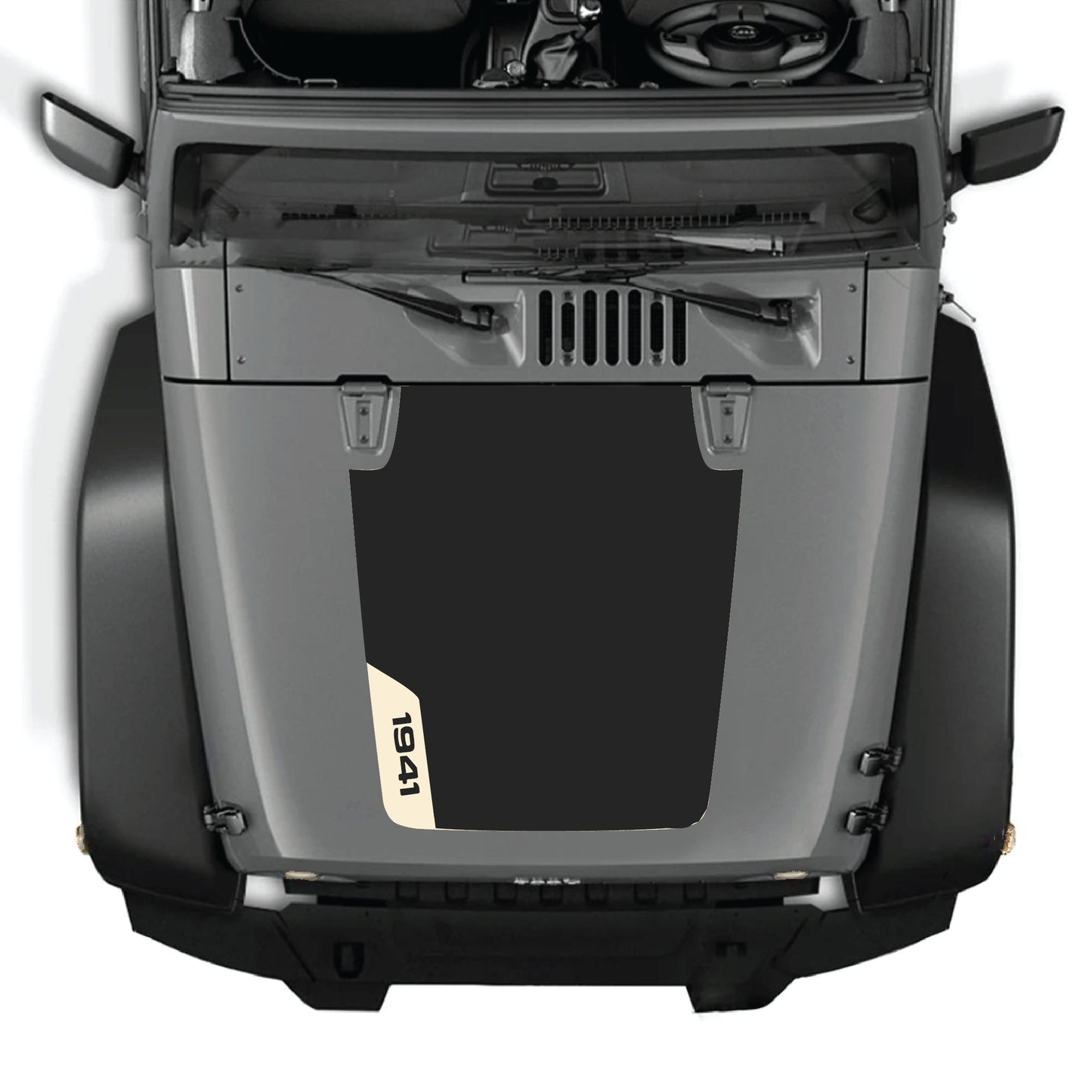 Left side 1941 Jeep Wrangler JK decal graphic kit hood decal in black premium vinyl by CarCode, featuring bold vintage style.