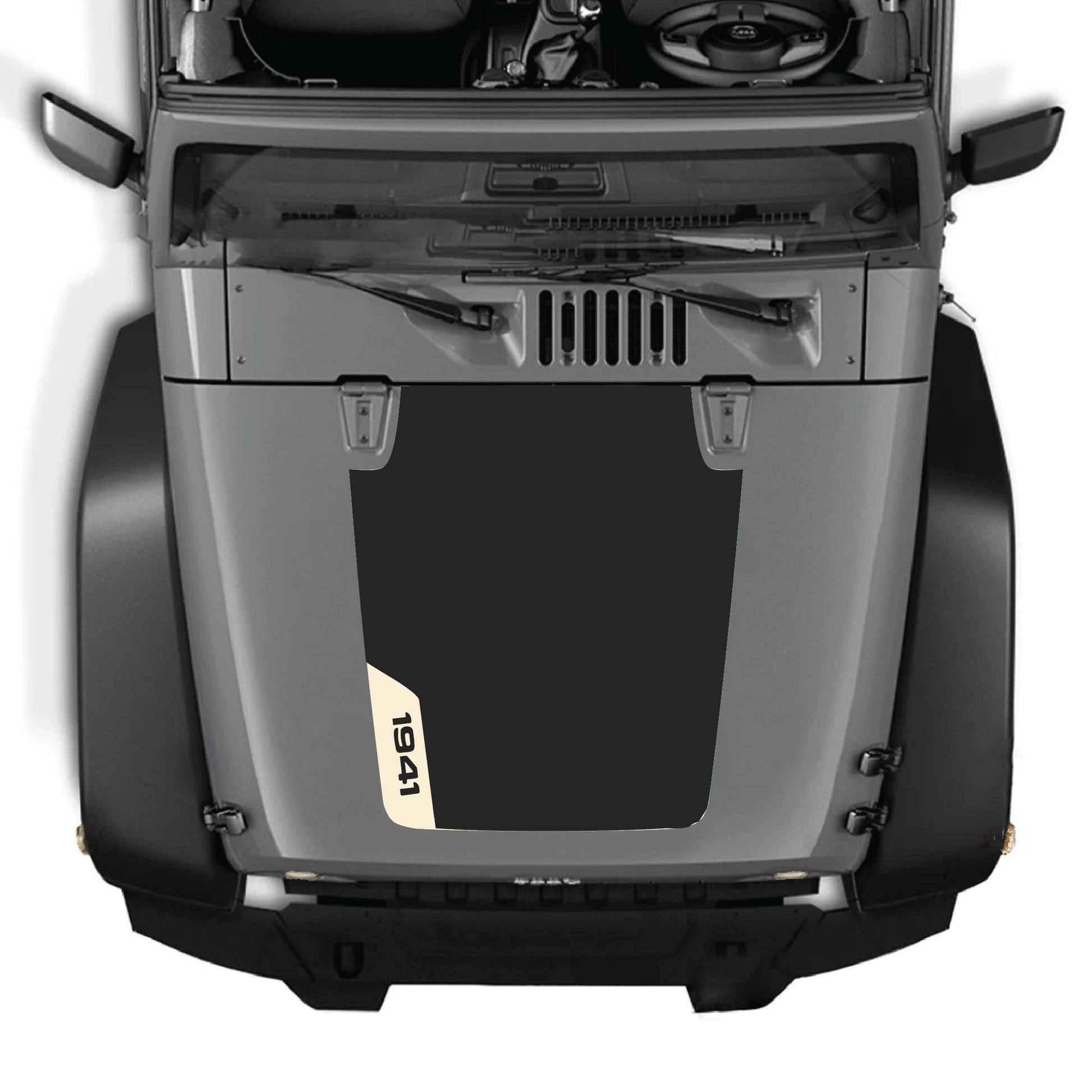 Left side 1941 Jeep Wrangler JK decal graphic kit hood decal in black premium vinyl by CarCode, featuring bold vintage style.