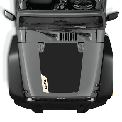 Left side 1941 Jeep Wrangler JK decal graphic kit hood decal in black premium vinyl by CarCode, featuring bold vintage style.