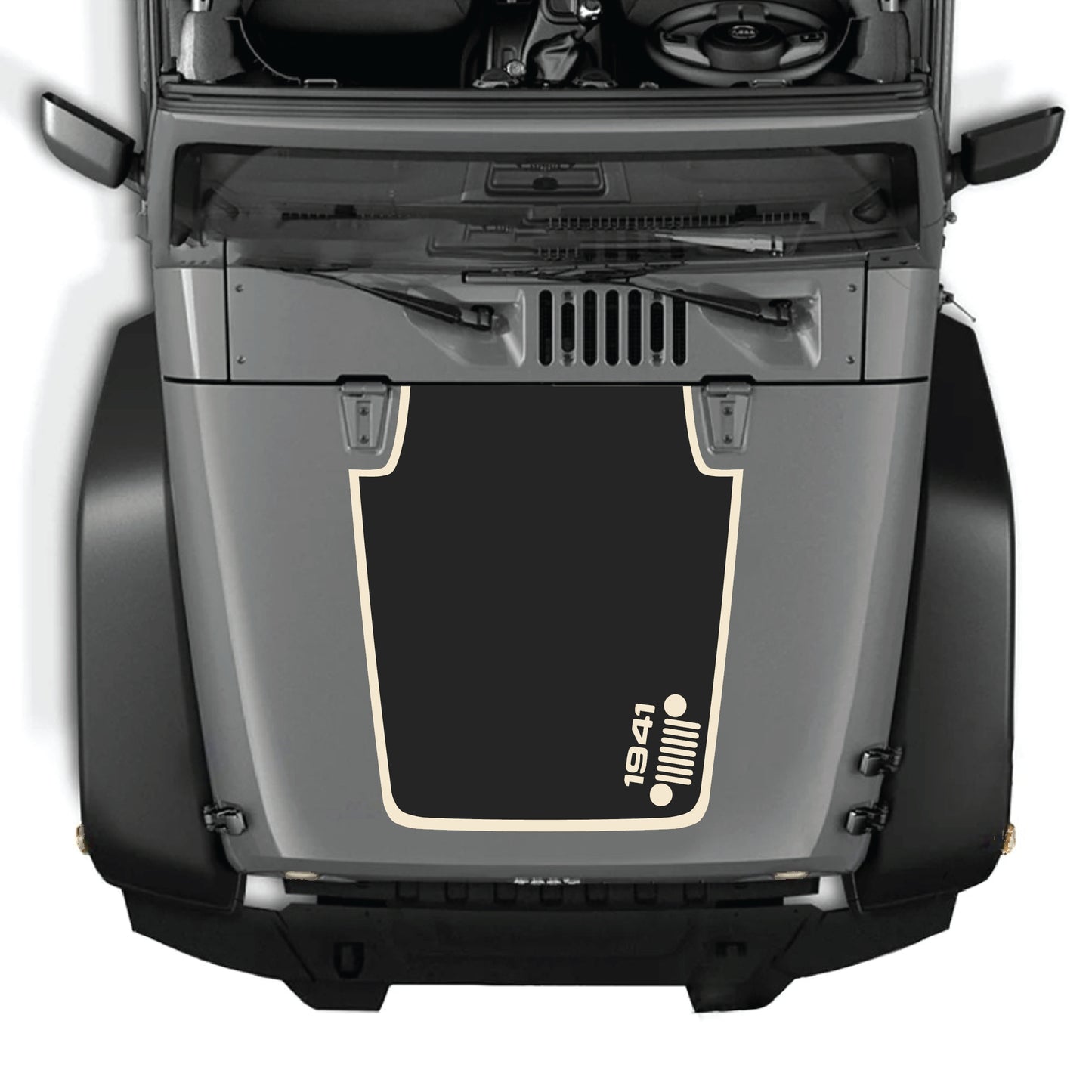 Right side hood panel decal with 1941 Jeep grill border graphic for Jeep Wrangler JK JKU 2007-2018, made of premium vinyl.