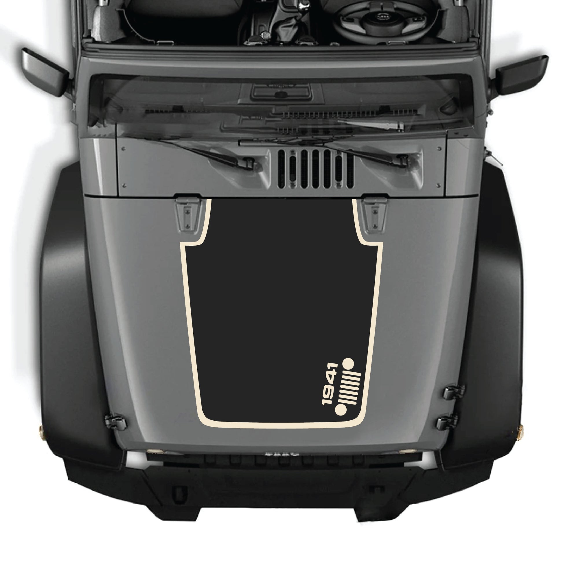 Right side hood panel decal with 1941 Jeep grill border graphic for Jeep Wrangler JK JKU 2007-2018, made of premium vinyl.