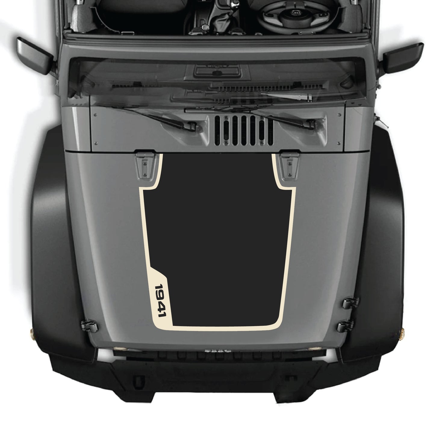 Left side hood decal with "1941" and border graphic for Jeep Wrangler JK JKU, made from premium vinyl by CarCode.
