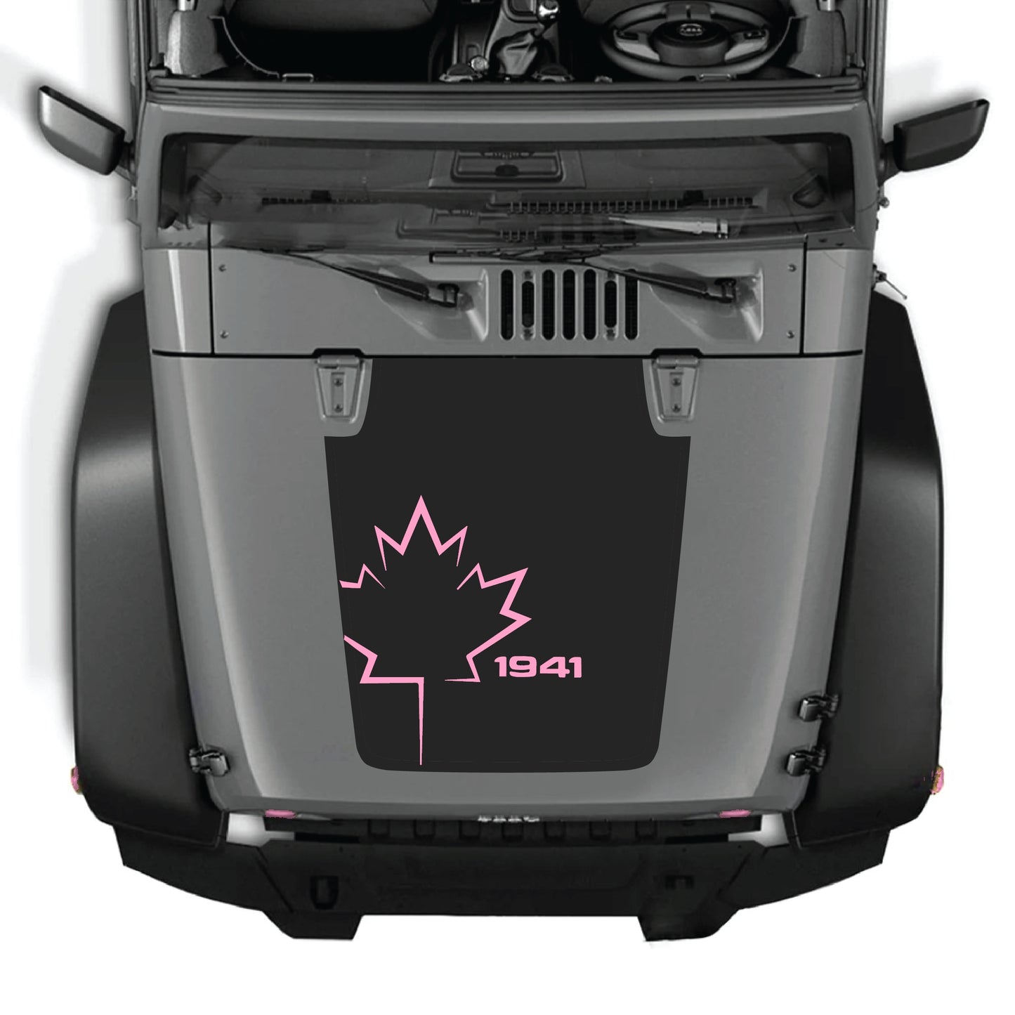 Canada leaf hood decal for Jeep Wrangler JK JKU 2007-2018 by CarCode, made of premium vinyl, featuring a bold 1941 graphic design.
