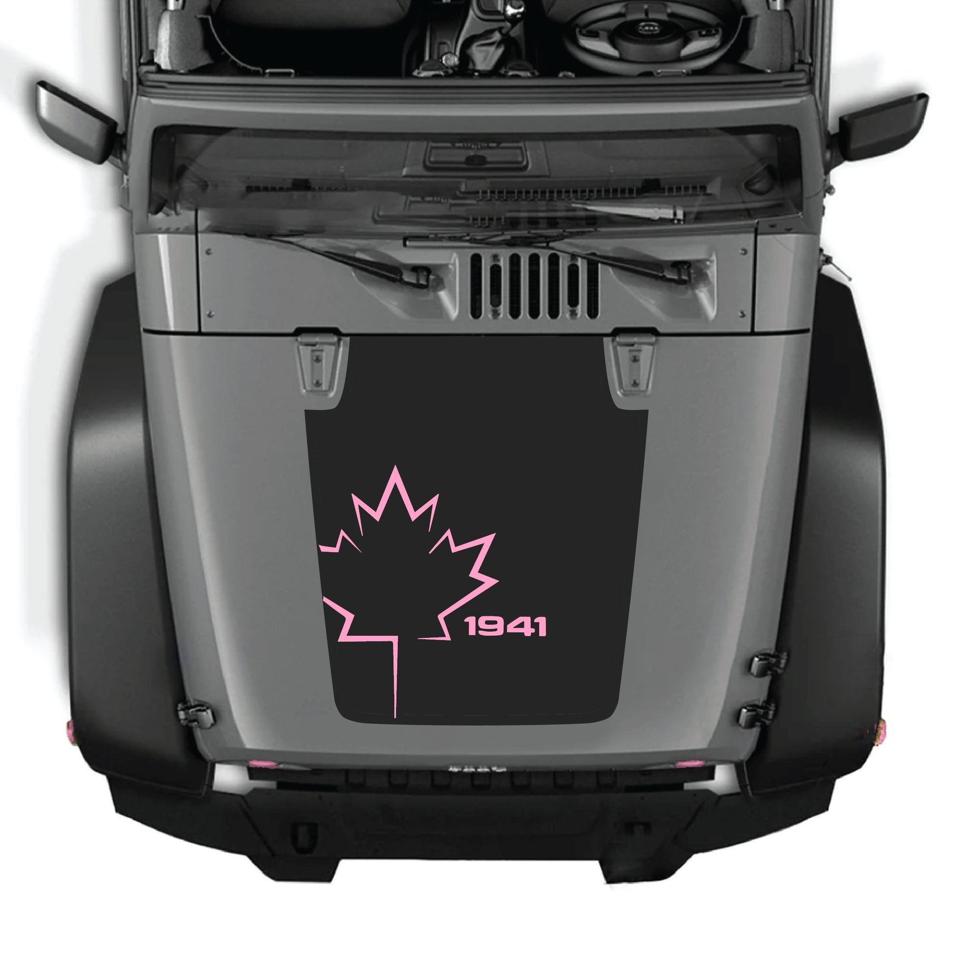 Canada leaf hood decal for Jeep Wrangler JK JKU 2007-2018 by CarCode, made of premium vinyl, featuring a bold 1941 graphic design.