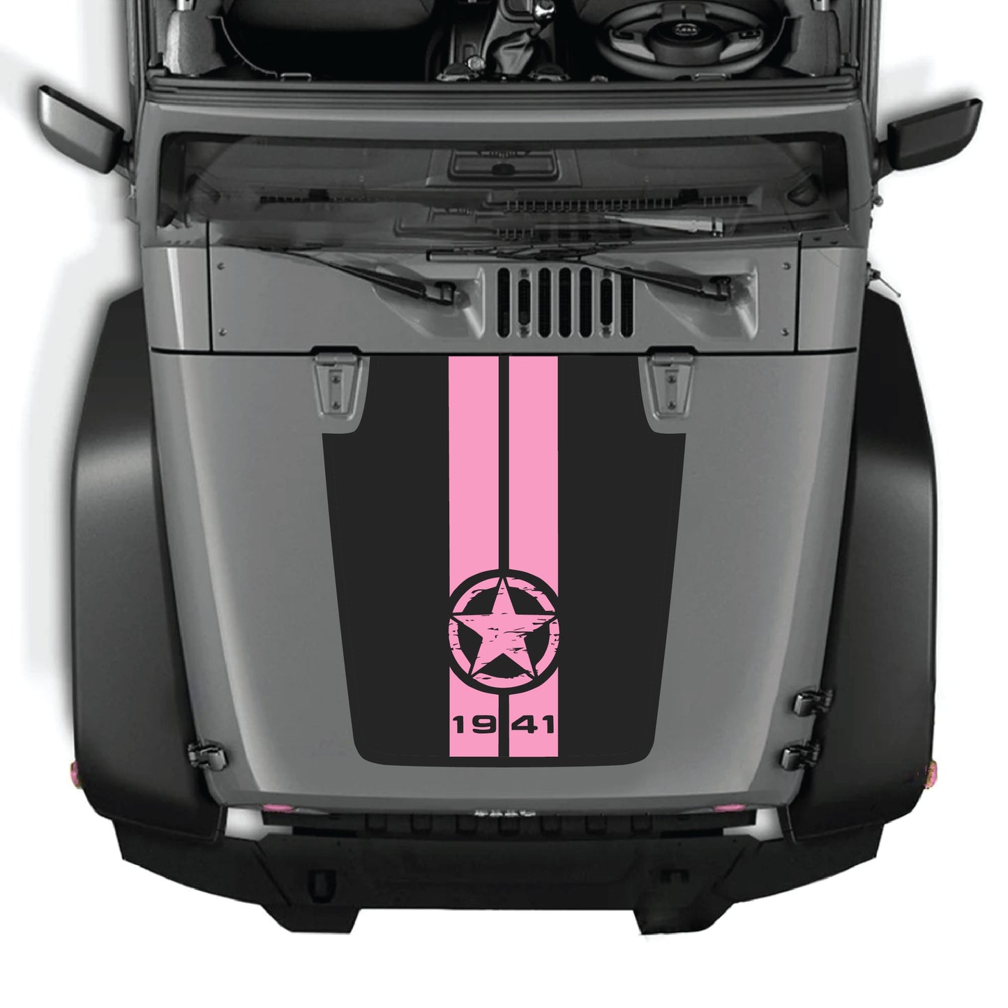 Jeep Wrangler JK JKU hood decal with 1941 star and stripes graphic in premium vinyl, featuring bold patriotic design.