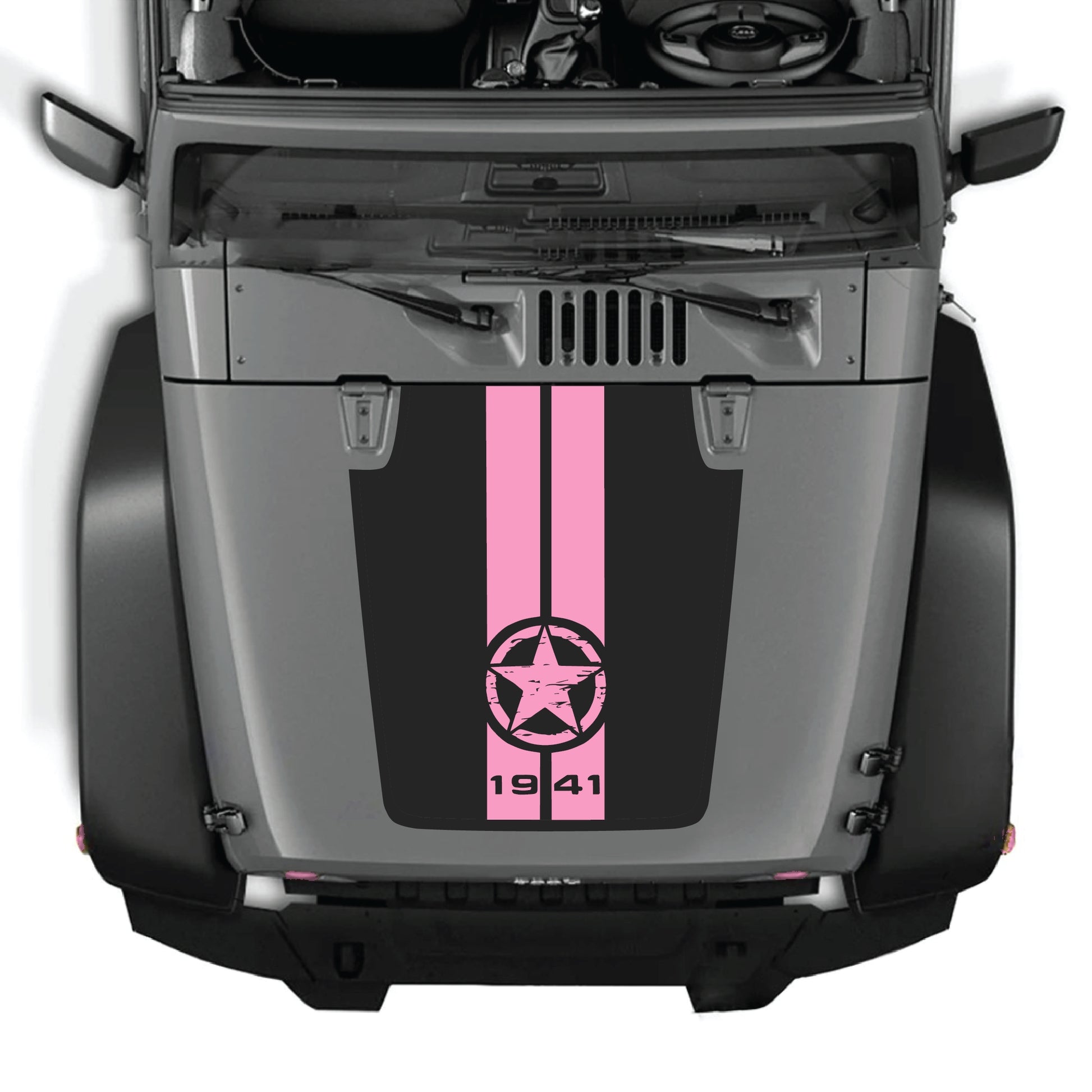 Jeep Wrangler JK JKU hood decal with 1941 star and stripes graphic in premium vinyl, featuring bold patriotic design.