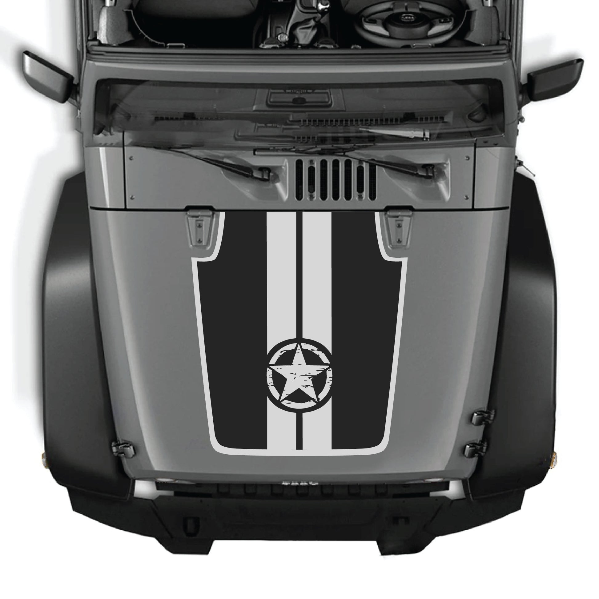 Jeep Wrangler JK JKU hood decal with star and stripes border graphic, premium vinyl CarCode sticker for exterior customization.