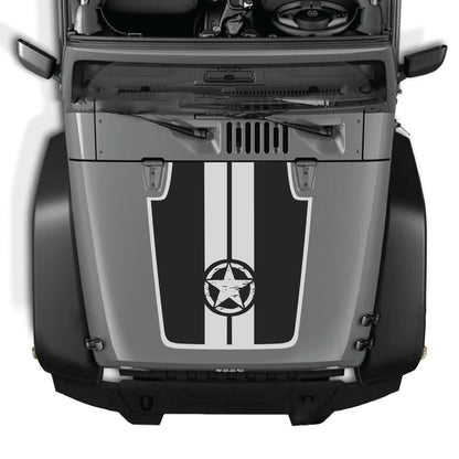 Jeep Wrangler JK JKU hood decal with star and stripes border graphic, premium vinyl CarCode sticker for exterior customization.