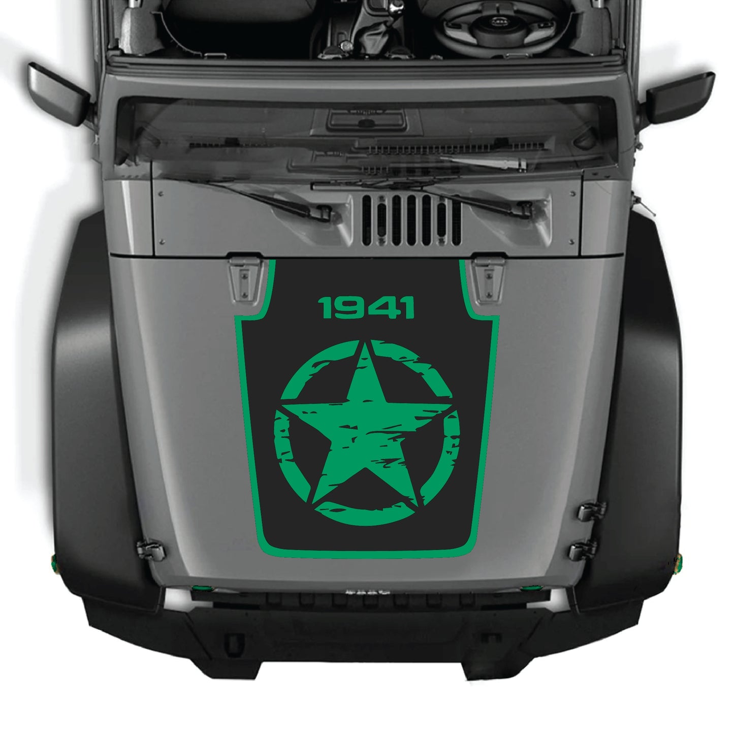 Jeep Wrangler JK JKU hood decal with full star 1941 and border graphic in premium vinyl, designed for 2007-2018 models by CarCode.