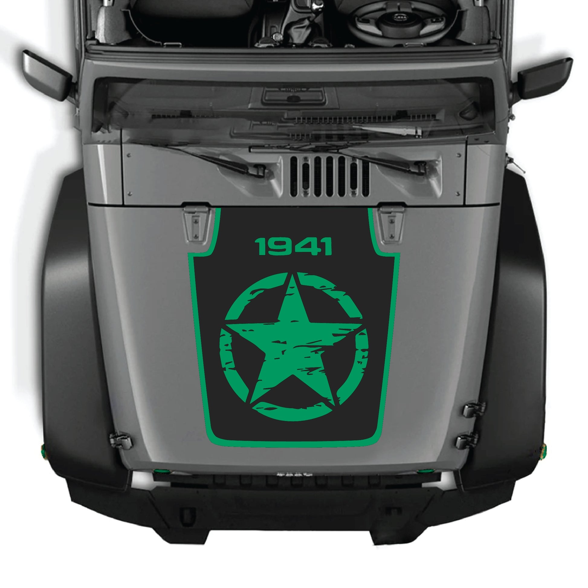 Jeep Wrangler JK JKU hood decal with full star 1941 and border graphic in premium vinyl, designed for 2007-2018 models by CarCode.