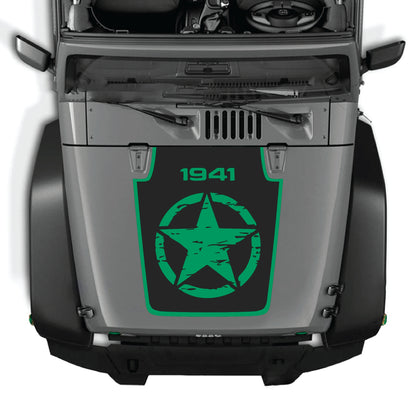 Jeep Wrangler JK JKU hood decal with full star 1941 and border graphic in premium vinyl, designed for 2007-2018 models by CarCode.