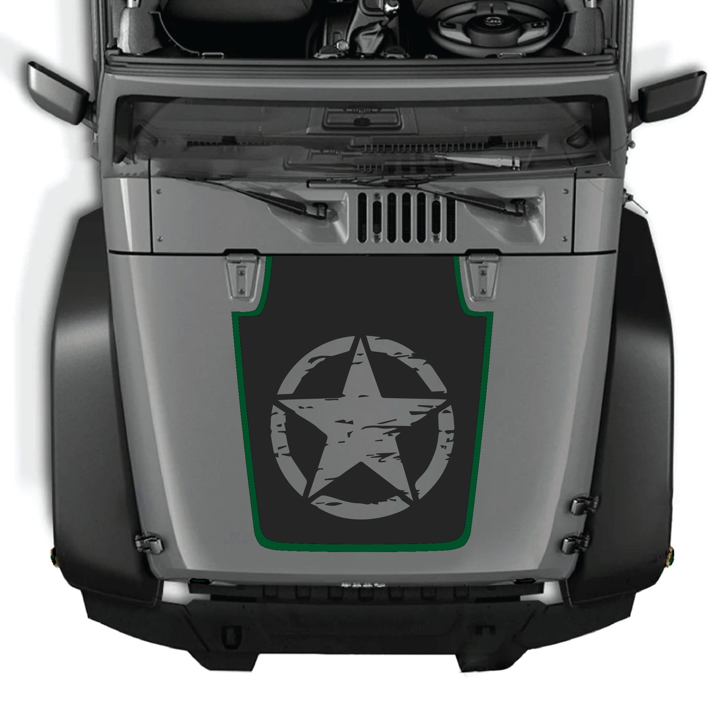 Jeep Wrangler JK JKU calcomanía para capó con kit gráfico de estrella completa en vinilo premium negro, diseñada para modelos 2007-2018.