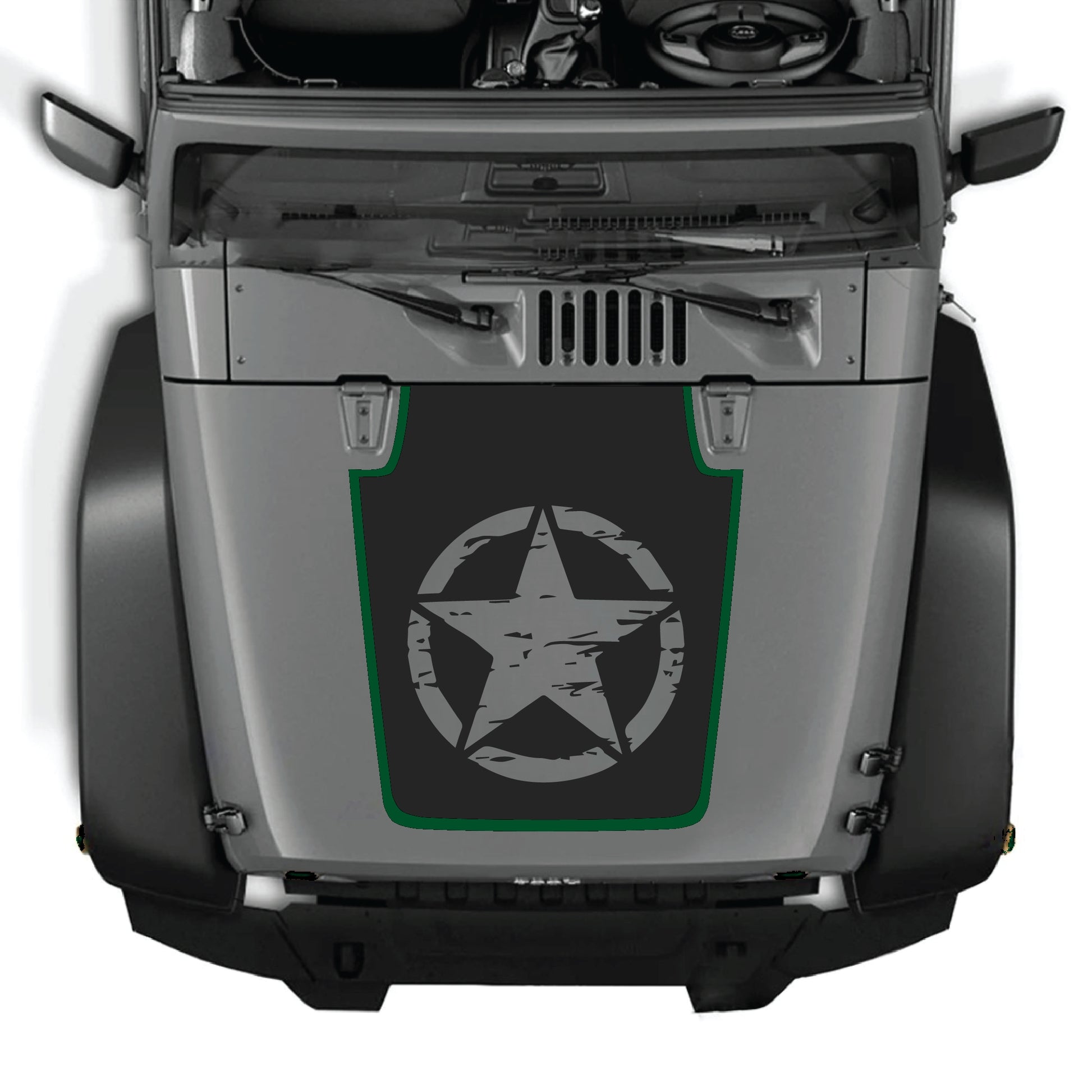 Jeep Wrangler JK JKU calcomanía para capó con kit gráfico de estrella completa en vinilo premium negro, diseñada para modelos 2007-2018.