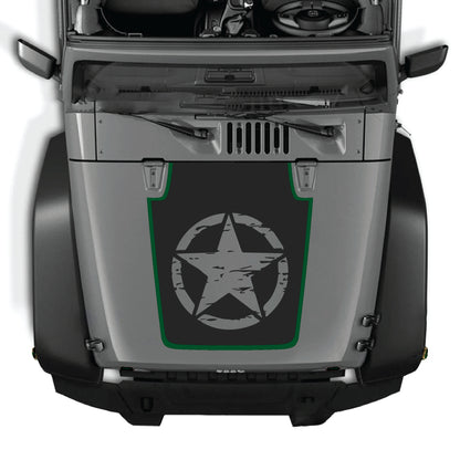 Jeep Wrangler JK JKU calcomanía para capó con kit gráfico de estrella completa en vinilo premium negro, diseñada para modelos 2007-2018.