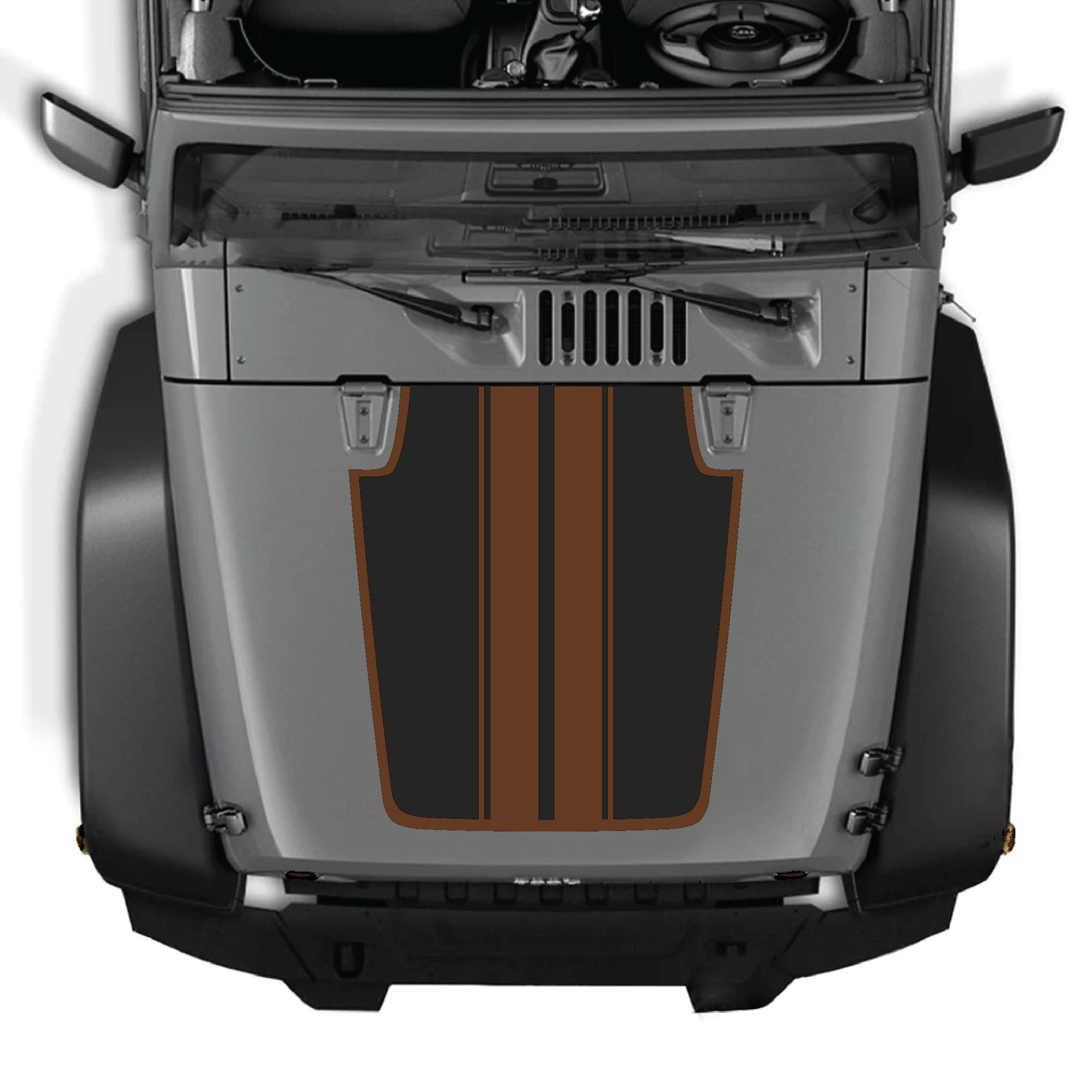Jeep Wrangler JK hood decal with black stripe and border graphic kit, made of premium vinyl for a stylish custom look.