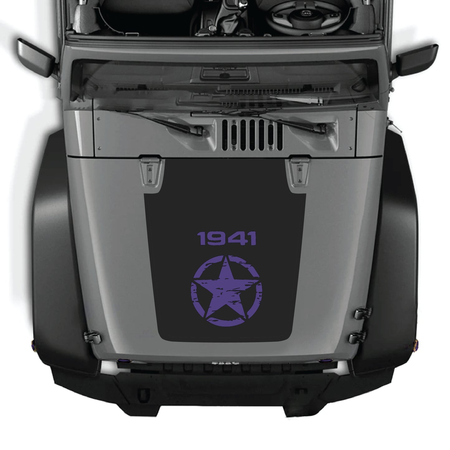 Jeep Wrangler JK JKU hood decal with center star graphic in black premium vinyl by CarCode, for 2007-2018 models.