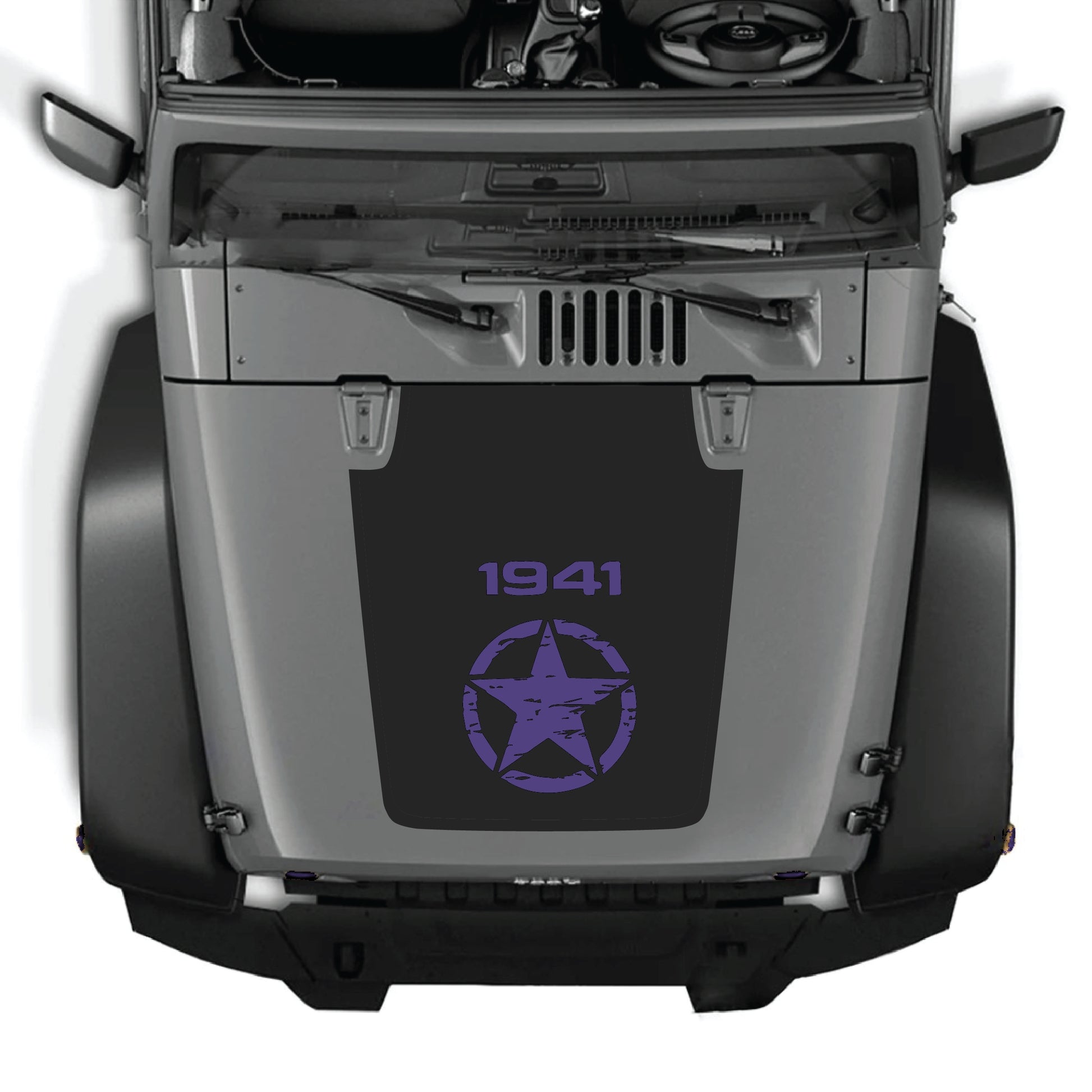 Jeep Wrangler JK JKU hood decal with center star graphic in black premium vinyl by CarCode, for 2007-2018 models.