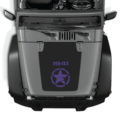 Jeep Wrangler JK JKU hood decal with center star graphic in black premium vinyl by CarCode, for 2007-2018 models.