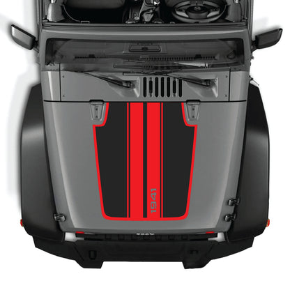 Calcomanía para capó Jeep Wrangler JK JKU con franjas 1941, kit gráfico en vinilo blanco y negro de CarCode, diseñado para un aspecto audaz y personalizado.