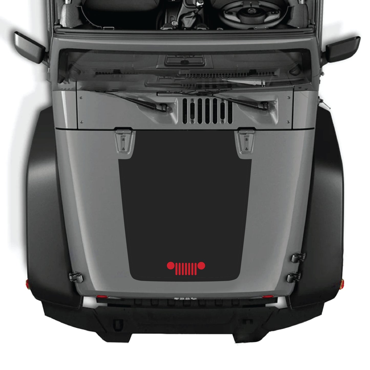 Jeep Wrangler JK hood decal graphic kit by CarCode, featuring a premium vinyl grill design on a black vehicle hood.