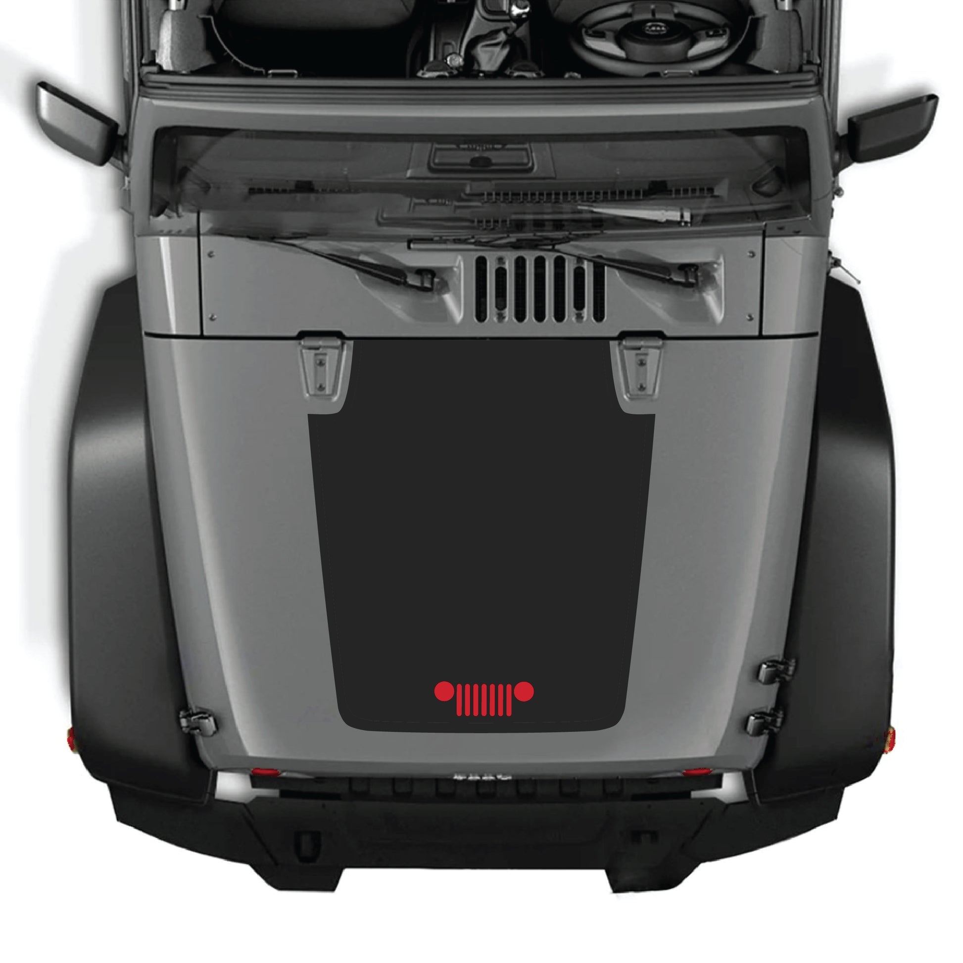 Jeep Wrangler JK hood decal graphic kit by CarCode, featuring a premium vinyl grill design on a black vehicle hood.