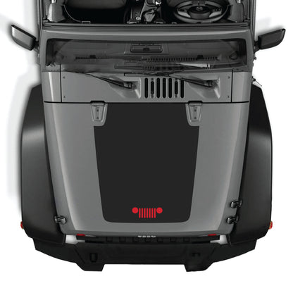 Jeep Wrangler JK hood decal graphic kit by CarCode, featuring a premium vinyl grill design on a black vehicle hood.