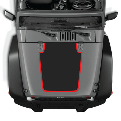 Solid black hood decal with border graphic kit on a Jeep Wrangler JK JKU, made from premium vinyl for a sleek look.