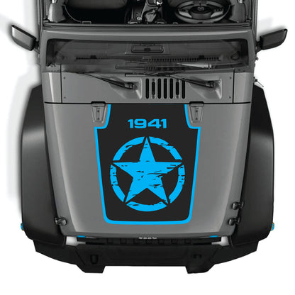 Jeep Wrangler JK JKU hood decal with a full star and border design, made from premium vinyl by CarCode.