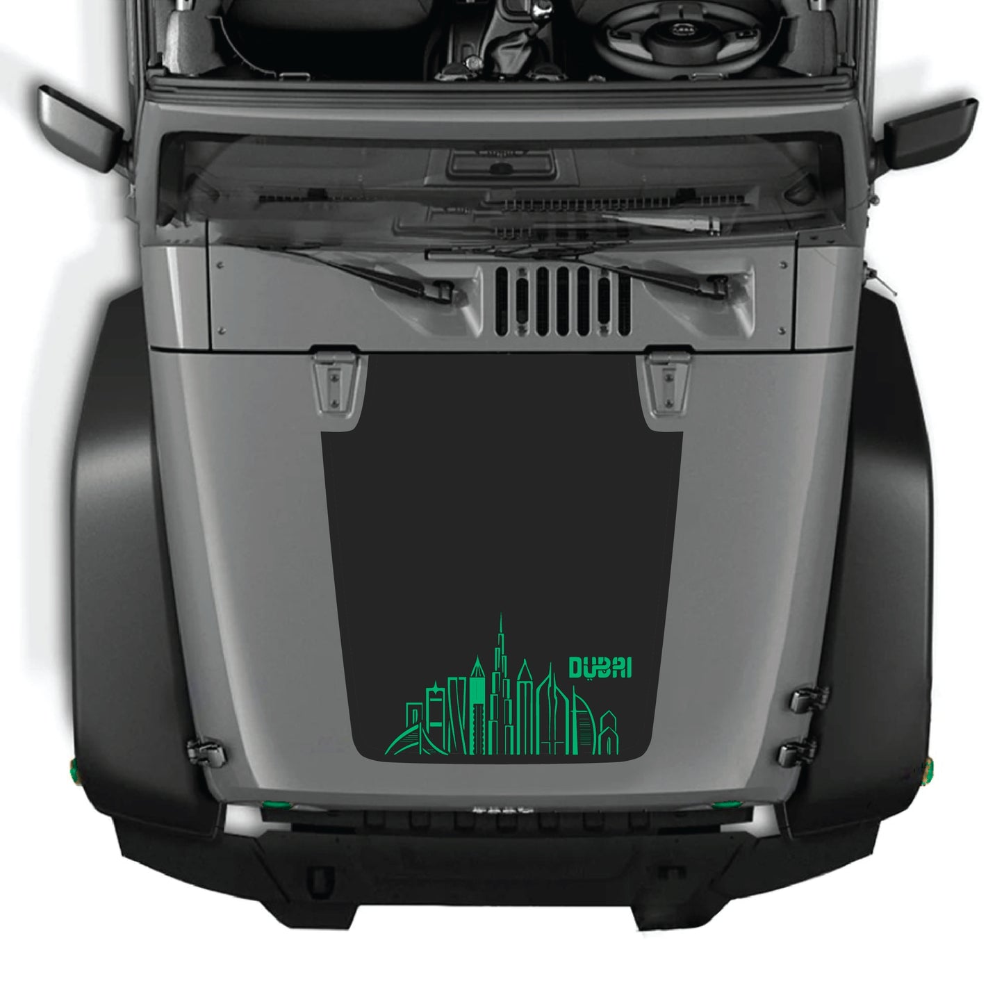Dubai decal graphic kit for Jeep Wrangler JK JKU hood, premium vinyl hood panel decal by CarCode with bold Dubai design.