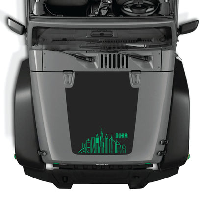 Dubai decal graphic kit for Jeep Wrangler JK JKU hood, premium vinyl hood panel decal by CarCode with bold Dubai design.