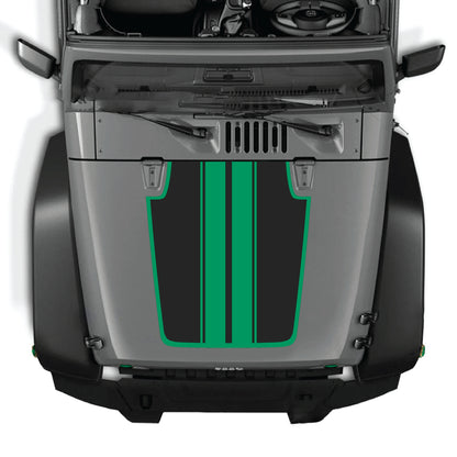 Jeep Wrangler JK hood decal kit featuring black and white stripe design with border, made of premium vinyl for CarCode.